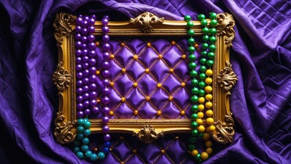 Patterned fabric backdrop with three coloured beads and diamond design
