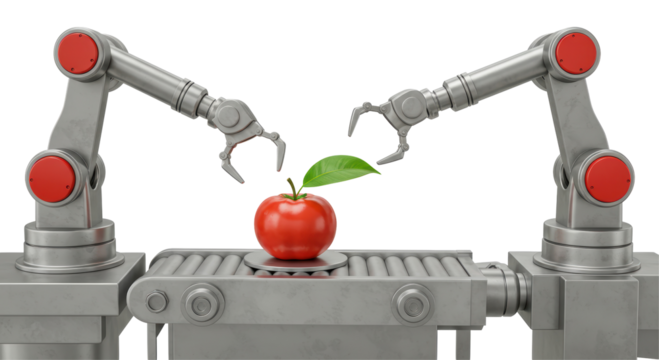 Isolated Industrial Robotic Arms Processing Red Apple on Conveyor Belt