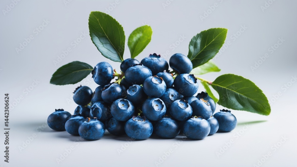 Poster bunch of blueberries connected to a twig with leaves.