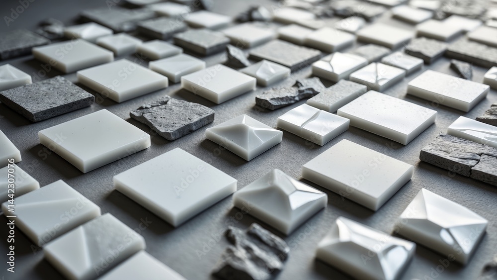 Poster seamless interior background texture of a mosaic made of broken tiles in white and grey, captured in