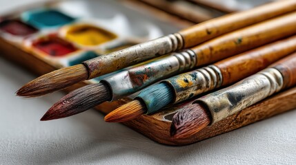 Fototapeta premium a set of watercolor paintbrushes and a palette on a white isolated background, creative and artistic look