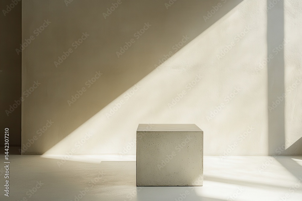 Poster minimalist cube in a brightly lit room with shadows. geometric form, simple composition, stark light