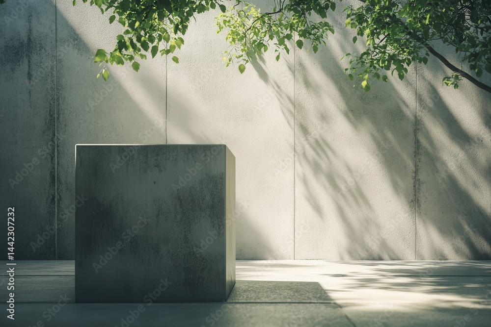Poster Concrete cube sits on a concrete platform, dappled shade from the leafy tree branches fall on the textured concrete wall.