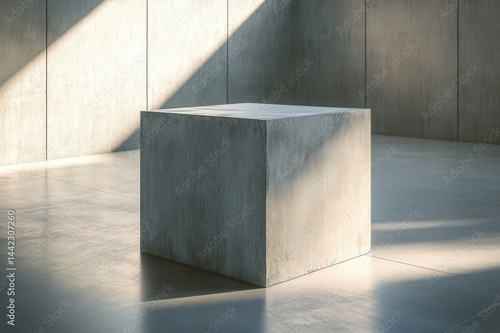 Poster Minimalist concrete cube bathed in light, set against a textured concrete wall creating a simple yet captivating architectural composition.