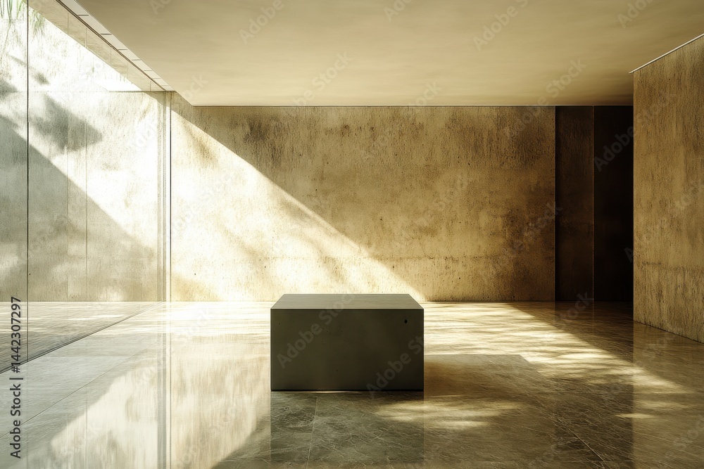 Poster Minimalist interior with natural light and concrete textures. A cube in an empty space, casting shadows. Serene and modern design.