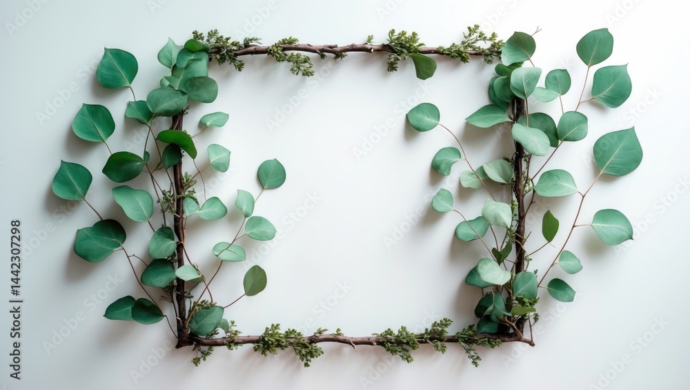 Poster Flat Lay Arrangement of a Branch Frame on White Background with Room for Text