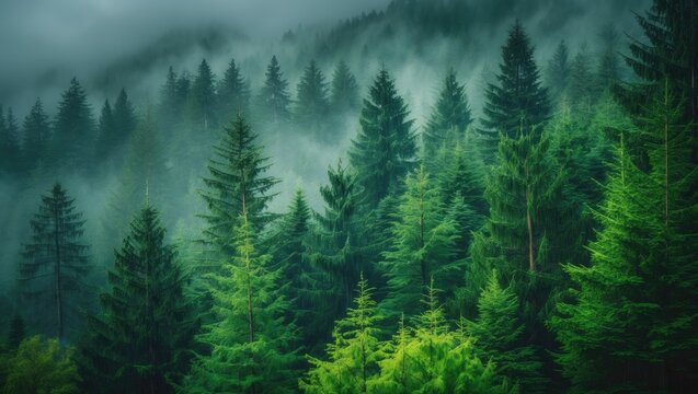 Rain-soaked pine trees on mountain slopes