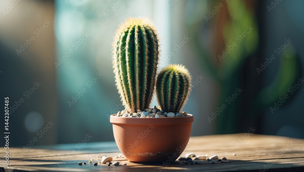 Poster cactus in a container positioned on a wooden tabletop