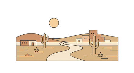 Isolated Minimalist Desert Landscape with Cactus and Buildings