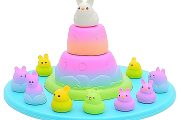 Colorful stacking toy with cute rabbits  A tiered stacking game with pastel-colored rabbit figurines
