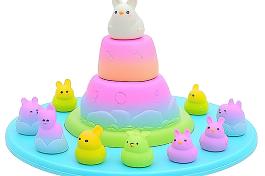 Colorful stacking toy with cute rabbits  A tiered stacking game with pastel-colored rabbit figurines