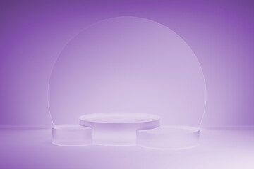 3D realistic set of three frosted transparent glass cylindrical podium background on light gradient violet, white. Shining disk decor, mockup, 3d rendering. Stage for display product, scene showcase.