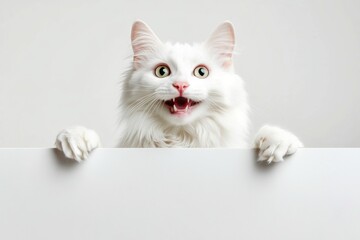 Ð¡ute adult cat turkish angora hold in front paws a template - large white lane sign. Funny pet promo idea. Isolated cat on a solid outfit pure white background. Animal with banner shot.