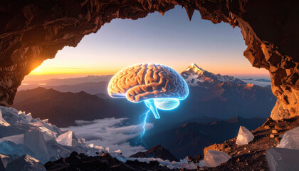 Glowing brain with electric energy floats in mountain cave at sunset symbolizing burnout and management of mental power and focus