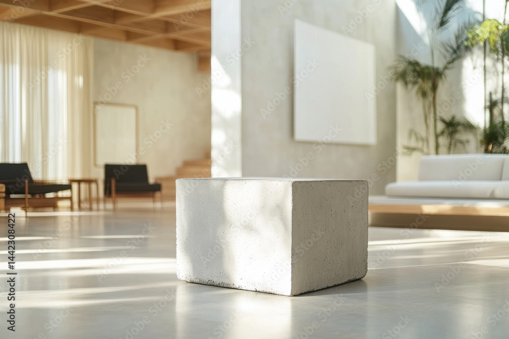Poster minimalist concrete cube in a modern interior with bright sunlight, neutral tones, and plants, creat