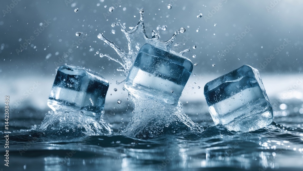Poster water and ice cubes creating a splash, close-up on a plain background