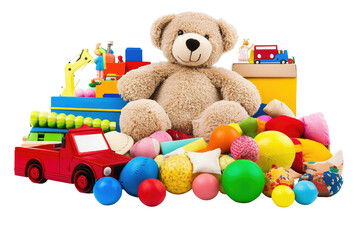 Assorted children's toys  A collection of plush teddy bear, colorful balls, wooden blocks, and vehicles  Ideal for a child's playroom