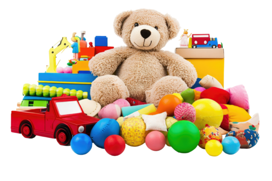 Assorted children's toys  A collection of plush teddy bear, colorful balls, wooden blocks, and vehicles  Ideal for a child's playroom