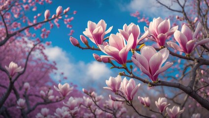 Magnolia flowers in bloom. Branches adorned with pink blossoms. Springtime trees in a botanical garden. Charming close-up of flowers. Selected focus. Abstract natural background.