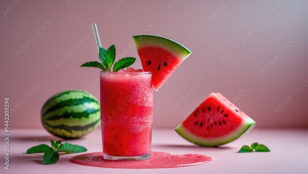 Poster slices of watermelon and refreshing juice set on a colorful surface.