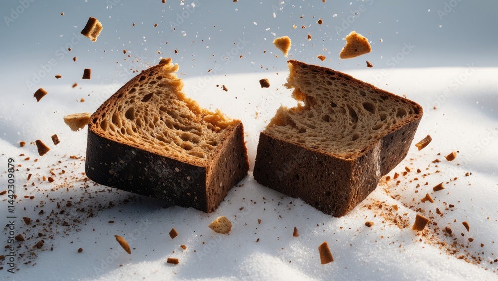 Poster dark rye bread slice breaking apart with flying crumbs against a neutral backdrop