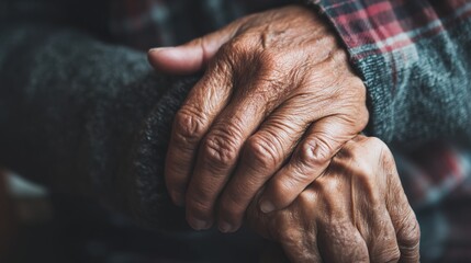 Fototapeta premium Parkinson disease patient, Alzheimer elderly senior, Arthritis person's hand in support of nursing family caregiver care for disability awareness day, National care givers month, aging society concept