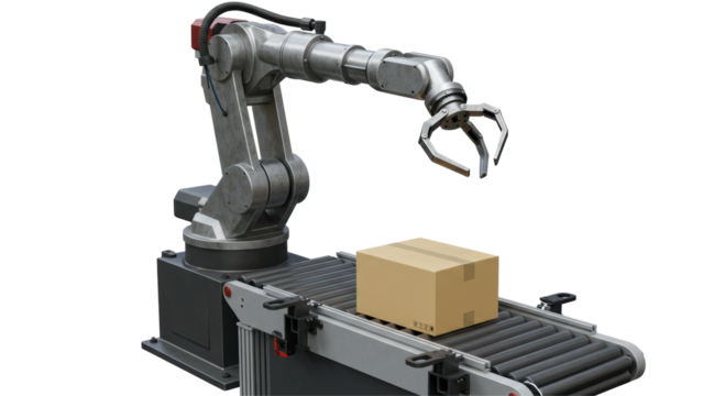 Isolated Robotic Arm Lifting a Cardboard Box Conveyor Belt in Automated Factory
