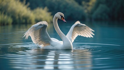 White swan displaying grace as it swims and flaps its wings on the peaceful blue water background