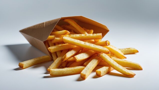 Box of French fries against a white backdrop