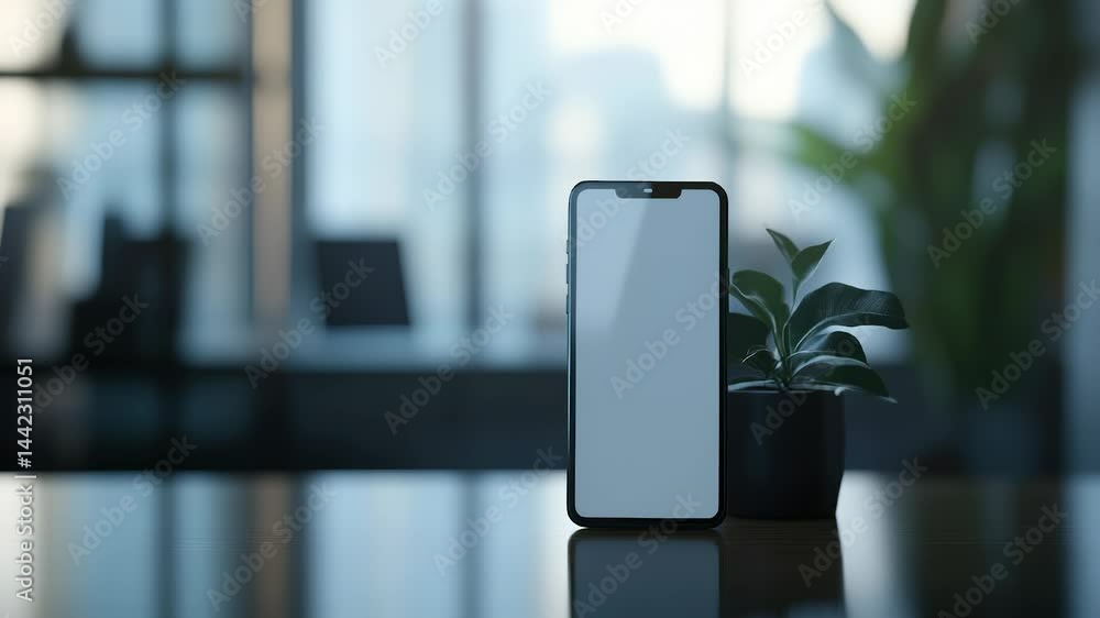 Poster a smartphone stands on a tabletop next to a small potted plant. the background is softly blurred, su
