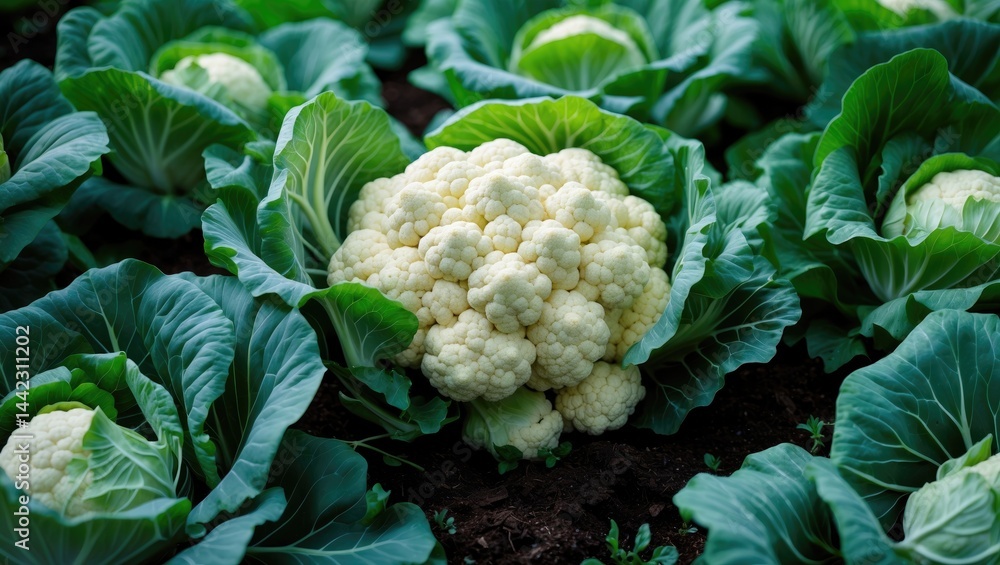 Poster organic soil in the garden vegetable plot supports cauliflower growth. detailed look at a cauliflowe