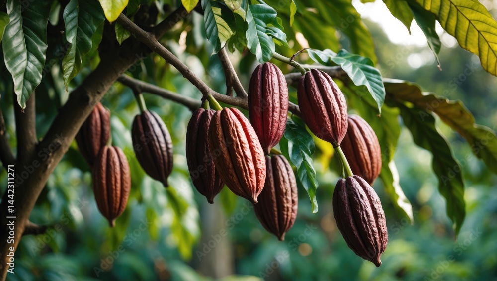 Poster cacao tree. cocoa fruit pods organically growing in the wild.