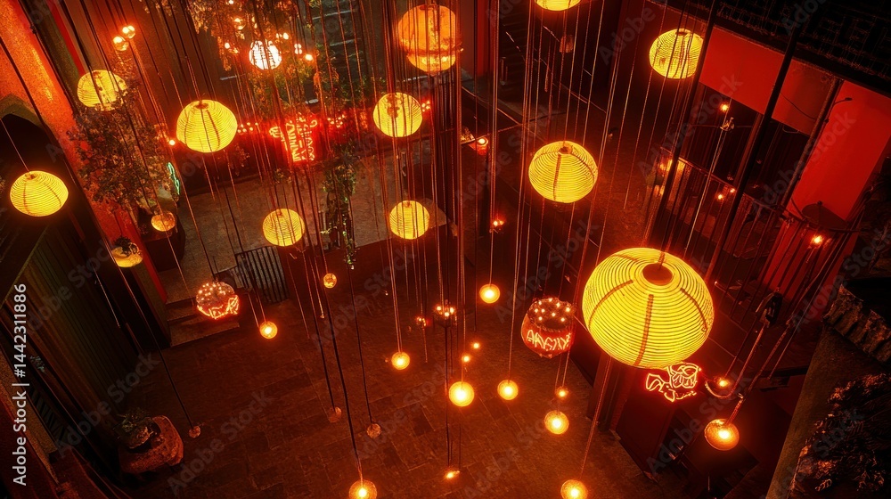 Poster overhead view of illuminated lanterns hanging from above in a room