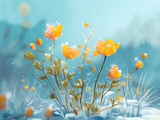 Dreamy winter meadow with glowing yellow flowers in a soft snowfall
