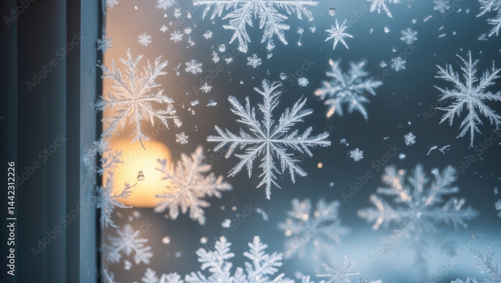 Poster snowflake patterns on a frosted window surface