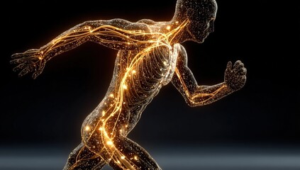 A digital illustration of a human figure running, highlighting the nervous system with glowing neural pathways on a dark background.