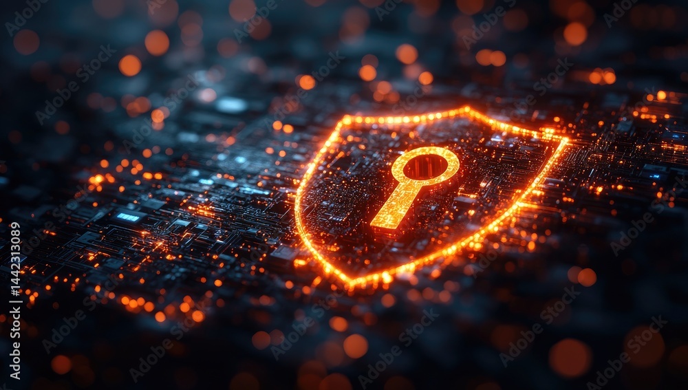 Poster abstract digital shield design with glowing keyhole.