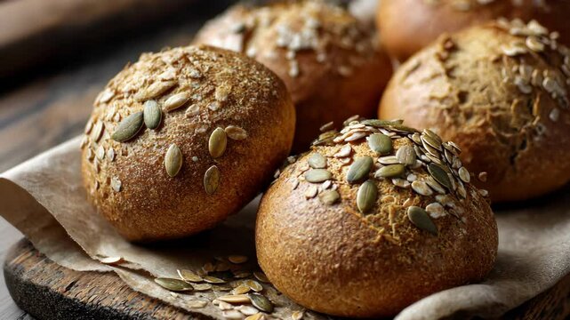 A close-up of seeded multigrain rolls on a rustic wooden surface.