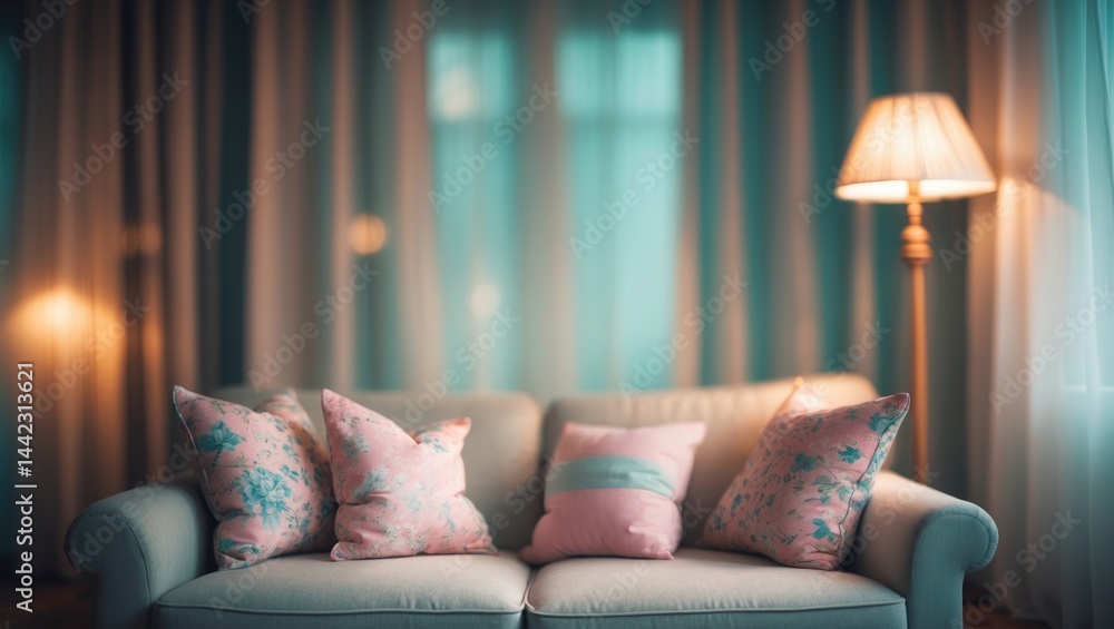 Poster nostalgic style snapshot displaying a blurred pattern of cushions on a sofa