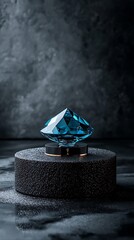 Sapphire-toned diamond perfume bottle on dark pedestal