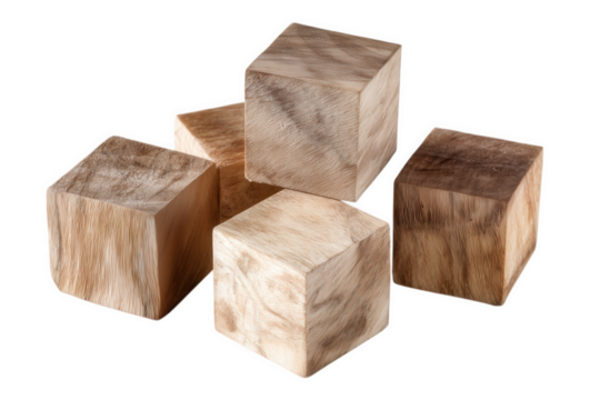 Four Light Brown Wooden Cubes With Varied Textures On A Transparent Background