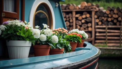 Bouquets on a boat welcoming you to meander beside the canal