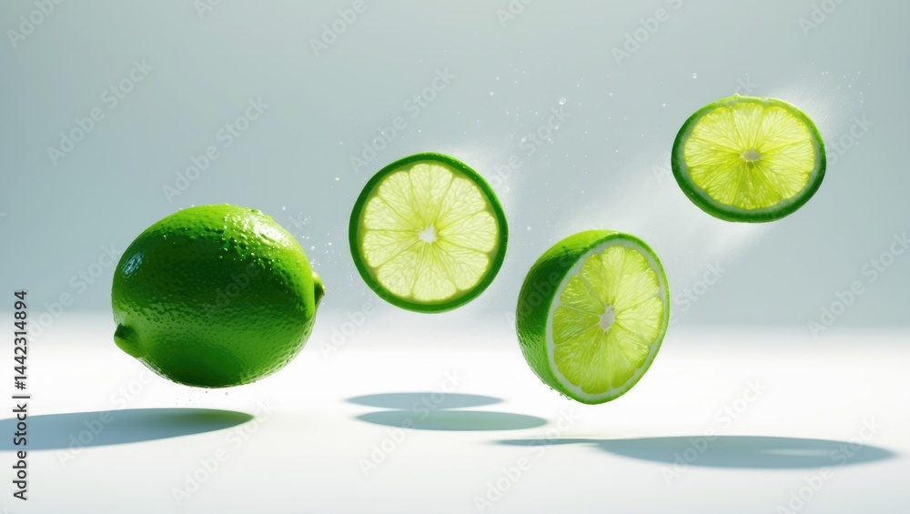 Poster green lime soaring with slices and shadow, separated on a background.