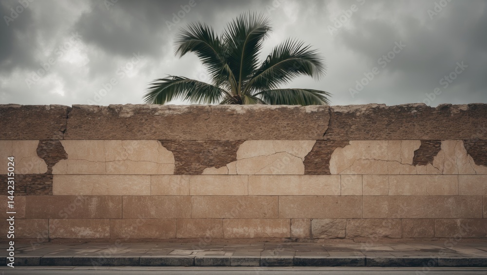 Poster street view with a brown stone cement wall texture background and a palm tree