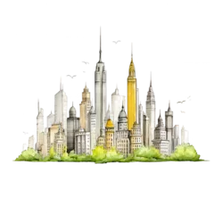 Tableau sur plexiglas Aquarelle gratte-ciel A cityscape watercolor painting shows tall buildings with green foliage below.  © TimelessClicks