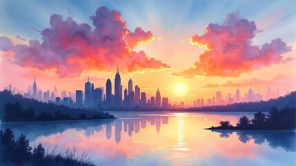 Fototapeta premium Sunset Serenity: City Silhouettes