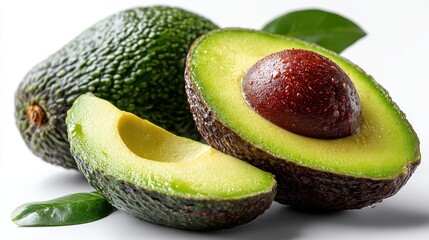 a fresh avocado sliced in half on a white isolated background, healthy and vibrant look