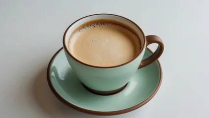  Blue coffee cup featuring cappuccino or latte with a frothy foam, viewed from the top. © Kultivad