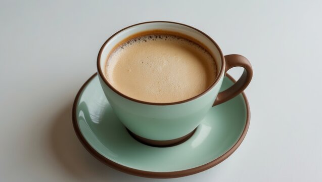 Blue coffee cup featuring cappuccino or latte with a frothy foam, viewed from the top.