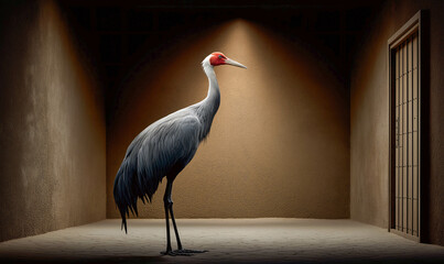 Solitary Crane's Contemplation: A majestic crane stands in a stark, enclosed space, its gaze fixed beyond a barred opening. Soft lighting casts shadows.